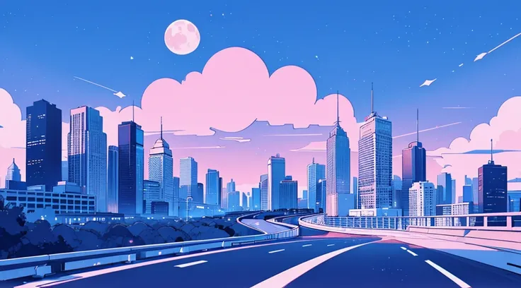 (skyscrapers, pink glowing road, starry blue sky, big moon), (super car), (low contrast, flat color, limited palette)