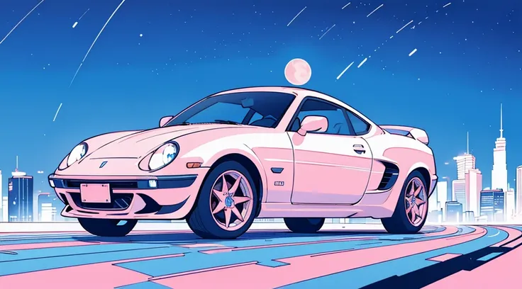 (skyscrapers, pink glowing road, starry blue sky, big moon), (super car), (low contrast, flat color, limited palette)