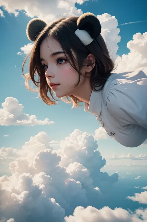 masterpiece, top quality, cinematic stills, one girl, floating in the sky, cloud girl, clouds, (close-up: 1.1), bright, happy, fun, soft lighting, (Bauhaus, shape, line, abstract: 1.1), panda ears