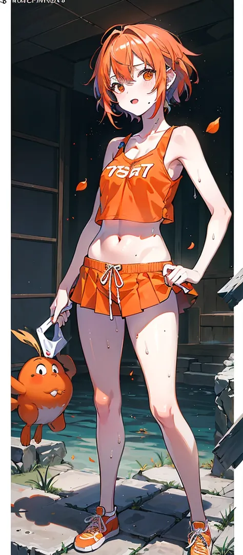 ((Best quality at best, 8K, tmasterpiece: 1.3)), Full body lesbian, Focus Clear: 1.2, Outstanding style: 1.4, plum: 1.2, ((long orange hair, : 1.2)), Transparent tank top, Highly Detailed Face and Skin Textur, 詳細な目, 二重まぶた，，Chopping，，revealing her belly，tit...