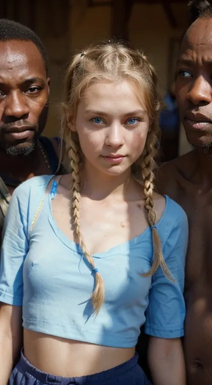 young blonde Russian girl slim pigtails blue eyes girl surrounded by poor african man in Africa street