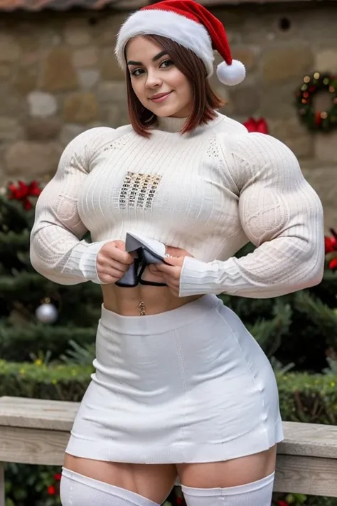 Viewed from below,  Ariel winter , Generate a full length fashion portrait of a heavily muscled iff pro female bodybuilder , her makeup, hair, she is dressed in a tight oil glossy sweater, tight miniskirt, white knee high socks, xmas hat, lighting, environ...