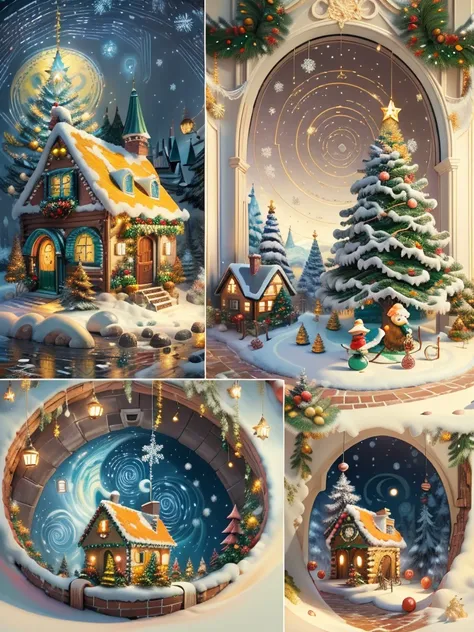 (tmasterpiece),（ultra - detailed:1.3），Best quality，（Sparkling:1.2），（Christmas courtyard in a dreamy fairy tale:1.4），(Van Gogh style door Christmas decorationlower ring: 1.7),（The moon is empty），((Delicious sweets，Christmas tree, gifts, Christmas stockings,...