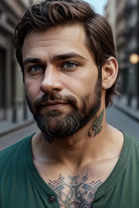 Cria um homem com tema 3D Disney/Pixar aos 34 anos com barba, medium brown hair like green eyes , with an iPhone 15 in his hand with street background and with tattoos