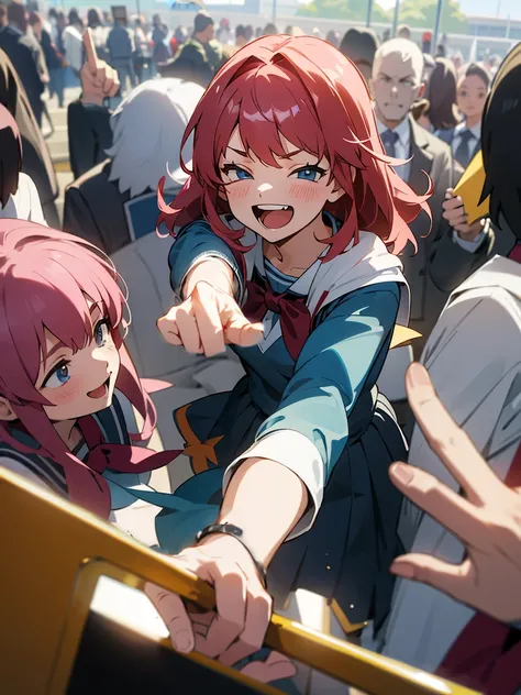 pointing right finger, grasping left hand, people in background staring at camera