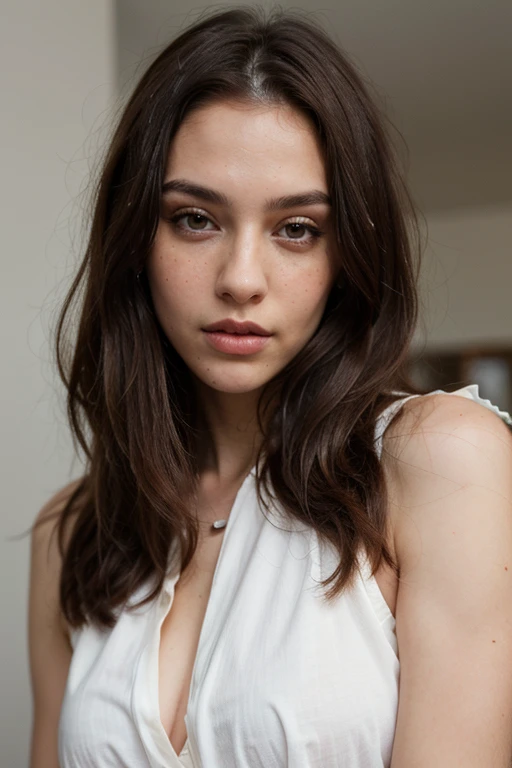 ((best quality)), ((masterpiece)), (detailed), perfect face realistic photo of beautiful woman with super long dark brown hair, Russian, influencer, light freckles, dark brown eyes, big lips, no makeup, instagram, posing in a sexy white overaized blouse