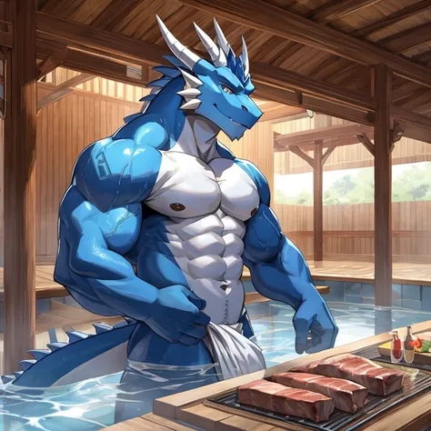 a blue dragon，bathhouse，Meat balls，detailed detail，Eau，Occlusion