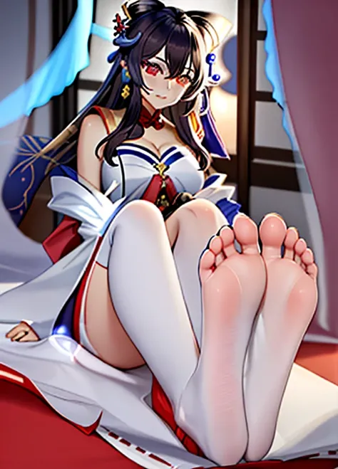 hu tao (genshin impact), 1girl, black nail polish, nude, big breasts, super long soles, extremely long soles, extremely long feet, correct feet anatomy