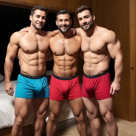 3 Handsome 40-year-old men, in elastic boxers, con bulto grandisimo en la entrepierna.