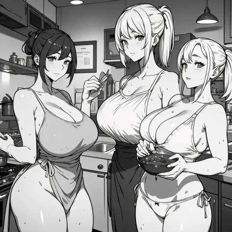 multiple thick body female characters with one male character in kitchen, ((nsfw)), all female character wears transparent apron with bare breast hanging out with nipples showing, male character eating, some females cooking and serving food, all female cha...