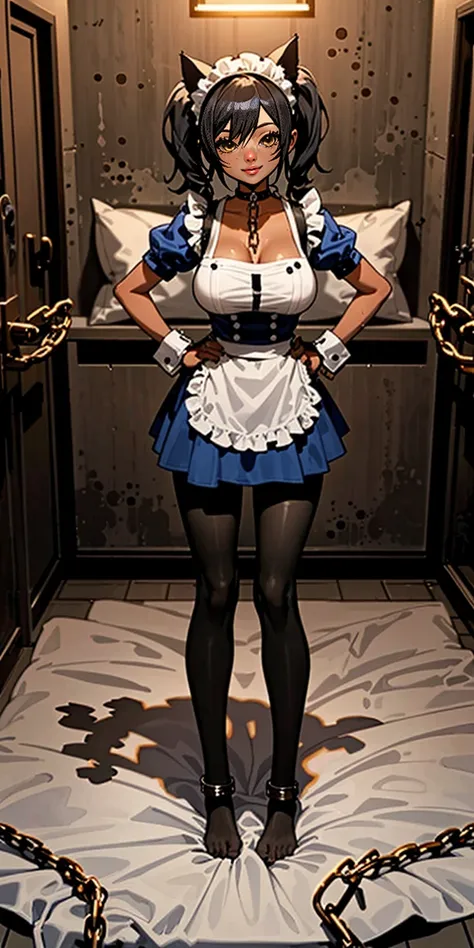 SFW, SLAVE FEMALE, Maid for sale. An African (very black skin) domestic worker for text "US dollar" full body, barefoot, standing straight symmetrical, huge boob(masterpiece, best quality:1.2), smirking smile, red blush, wet body, looking at viewer, hands ...