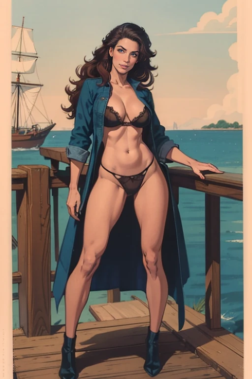 a beautiful pirate, a beautiful woman with long wavy brown hair, Spanish buccaneer, full body, standing on the deck of the ship, imposing