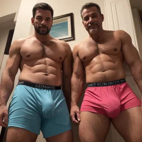 2 men of 35 years, en boxers, con bulto grande en la entrepierna.