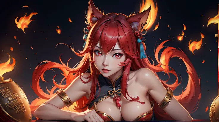 Ahri, ((((single person, single girl)))), perfect breasts, ((upperbody shot)), highly detailed face, well defined face details, detailed face lighting, (((chinese aesthetics))), (((chinese aesthetic background))), ((red flames)), ((((8k ultra HD)))), red t...