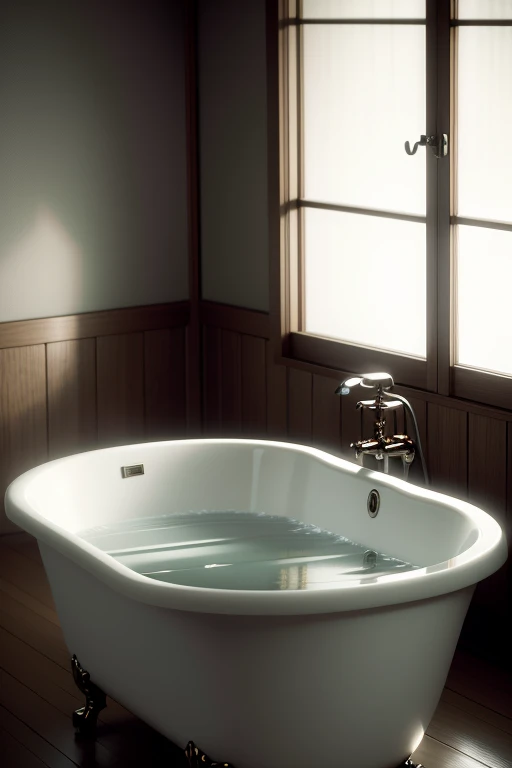 cinematic still of bathtub on the modern japanese-style bathroom with window lighting at morning, close-up, blurry foreground, f/2.8, Hasselblad, 35mm, masterpiece, ultra high res.photorealistic:.1.4, UHD