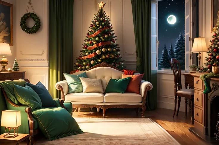 European-style living room, Interior design details, christmas, very green, The light of the moon