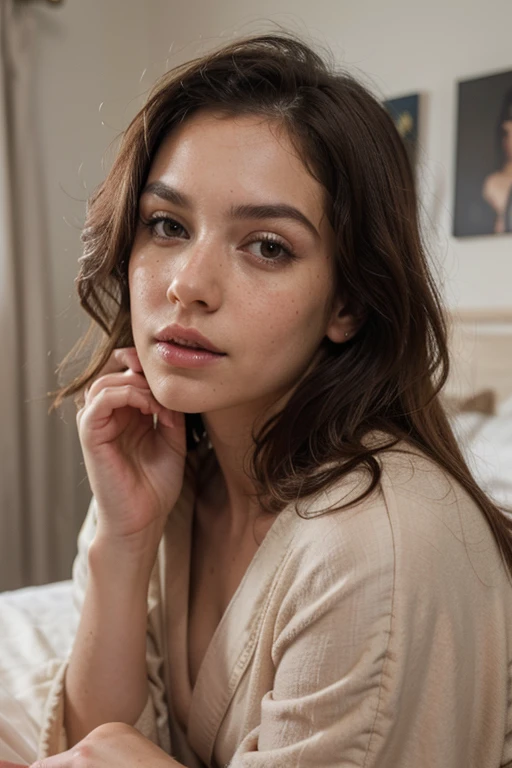 ((best quality)), ((masterpiece)), (detailed), perfect face realistic photo of beautiful woman with long dark brown hair, Russian, influencer, light freckles, dark brown eyes, big lips, no makeup, insagram, on a king sized bed, wearing sexy robe