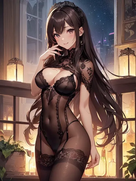 top-quality、Top image quality、​masterpiece、Angle seen from the side、beautiful gothic woman((20yr old、Best Bust、big bast、Bust 90,Beautiful long hair、A slender、a closeup、Esbian、Beautiful underwear、hiquality、Beautiful Art、Luxury hotel in the city、masutepiece、...