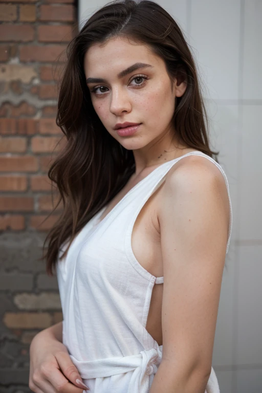 ((best quality)), ((masterpiece)), (detailed), perfect face realistic photo of beautiful woman with long dark brown hair, Russian, influencer, light freckles, dark brown eyes, big lips, no makeup, insagram, standing nex to black brick wall, wraped in a lar...