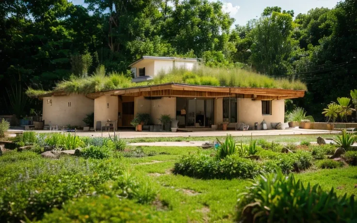 aframe hyperbolic paraboloid waved greenroof, trees vegetation in background