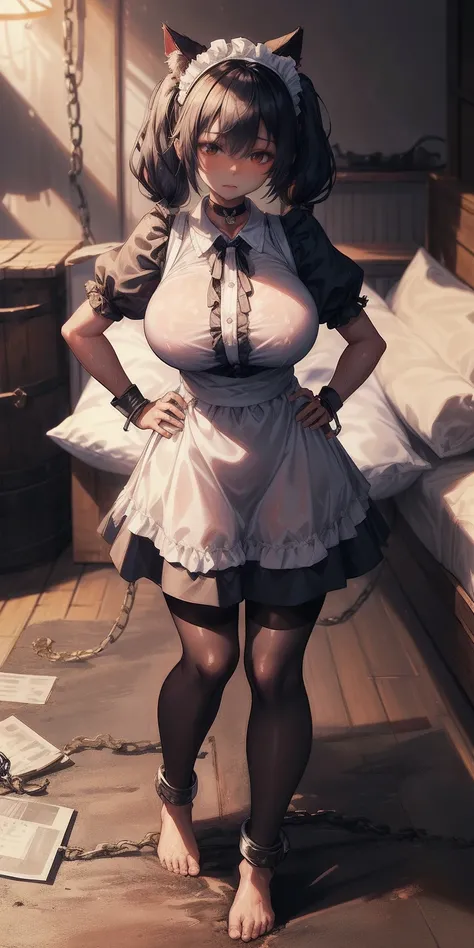 SFW, SLAVE FEMALE, Maid for sale. An African (very black skin) domestic worker for text "US dollar" full body, barefoot, standing straight symmetrical, huge boob(masterpiece, best quality:1.2), smirking smile, red blush, wet body, looking at viewer, hands ...