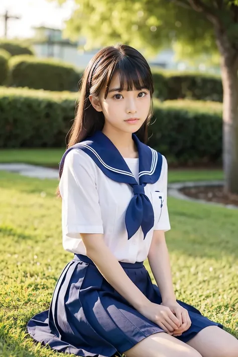 lawn、((Two beautiful Japan girls))、Two beautiful girls、Cute same school uniform、Navy blue sailor uniform、15yo student、Wistful expression、With bangs、Tall、Straight semi-long hair、((Long skirt to hide the knees))、((Navy long skirt below knee length))、early ev...