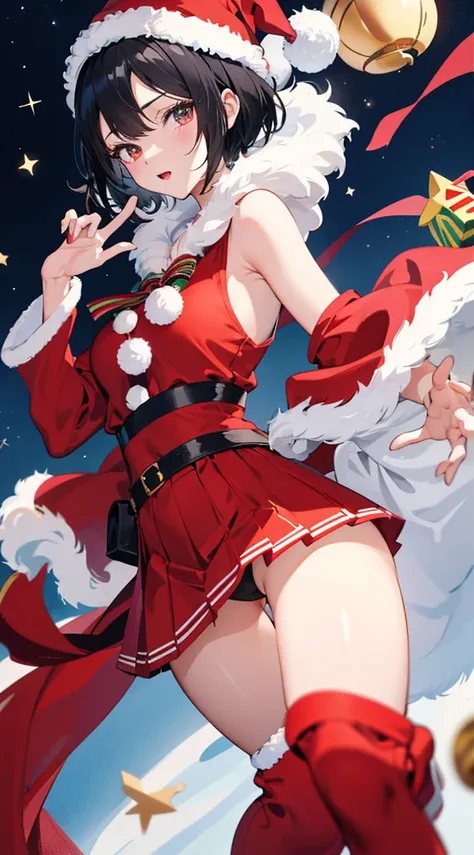 Girl with short black hair、Wearing a Santa Hat、one piece santa costume、A girl in a Santa costume is looking at the camera、reduce skin exposure、Top image quality、digital anime art、Colorful Digital Painting、Anime Style 8K、digital anime illustration、a beautif...