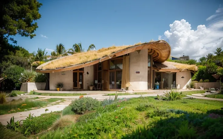 a photograph of a symmetrical contemporary house with (((one hyperbolic paraboloid green roof))) and (((biological pool))) and (...