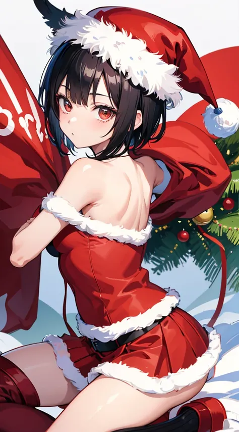 Girl with short black hair、Wearing a Santa Hat、one piece santa costume、one piece santa costumeを着た女の子がカメラを見ている、Reduce skin exposure、Top image quality、digital anime art、Colorful Digital Painting、Anime Style 8K、digital anime illustration、a beautiful anime por...