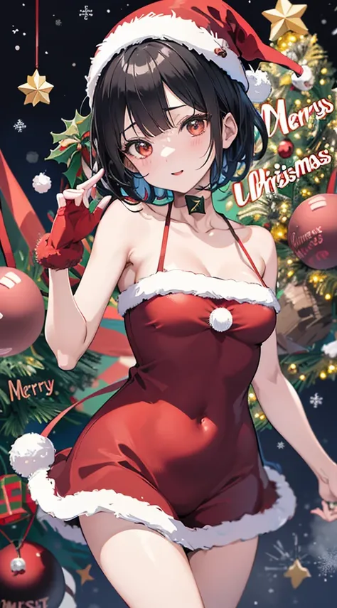 Girl with short black hair、Wearing a Santa Hat、A girl wearing a one-piece Santa costume is looking at the camera、(Reduce skin exposure:1.5)、Top image quality、digital anime art、Colorful Digital Painting、Anime Style 8K、digital anime illustration、a beautiful ...