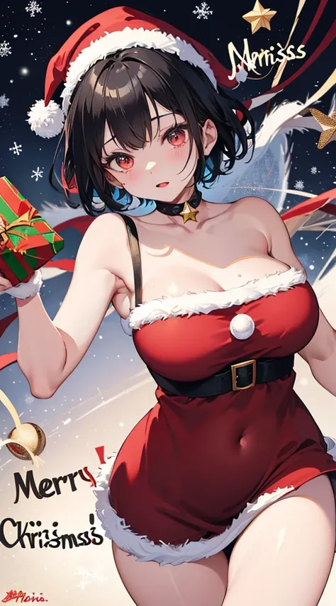 Girl with short black hair、Wearing a Santa Hat、A girl wearing a one-piece Santa costume is looking at the camera、(Reduce skin exposure:1.5)、Top image quality、digital anime art、Colorful Digital Painting、Anime Style 8K、digital anime illustration、a beautiful ...