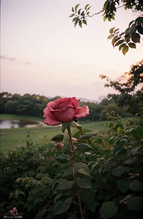 There is a pink rose growing in the bushes, Fotografado com uma lente Canon 35mm, foto de uma rosa, Tomado com uma Pentax K1000, tomado com um pentax1000, Duas portas de 5 mm, Tiradas com o Kodak Portra, rose twining, rosa rosa, Tiro de 35mm