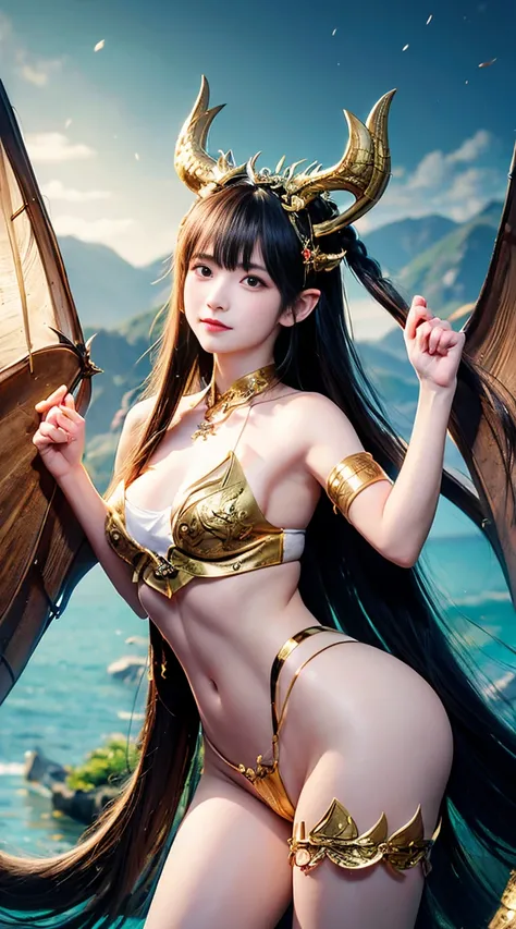 dragon girl，Double horns on the head，A pair of wings on the back，Dragons，A queen，full bodyesbian女同性恋, full bodyesbian女同性恋，Long legs, full bodyesbian都有鳞片,big chest and thin waist，legs separated ，snake scales，，Kingly momentum，full bodyesbian，jade foot