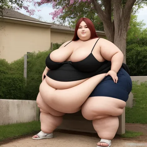 Incredibly obese gorgeous redhead woman. She weighs 2000 pounds. Her butt and hips are insanely corpulent and flabby, and her thighs are so fat they jiggle constantly. Her potbelly is packed with rolls of fat, so large that it hangs down and touches the gr...