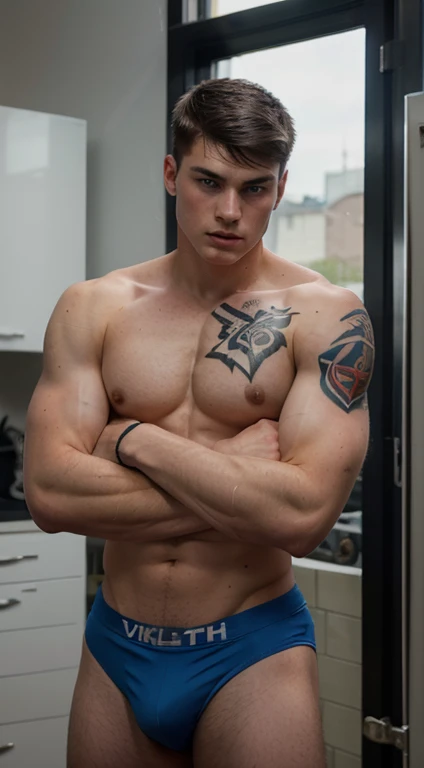 Young white man lacrosse player, 17 years old, military haircut, black hair, intense blue eyes, intense gaze, affiliated features, no facial hair, height 1.93, weight 93 kg, muscular build, broad shoulders, V-shaped body, vikings tattoos , full body focus,...