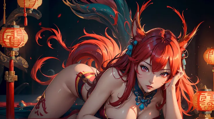 Ahri, ((((single person, single girl)))), perfect breasts, ((upperbody shot)), highly detailed face, well defined face details, detailed face lighting, (((chinese aesthetics))), (((chinese aesthetic background))), ((red flames)), ((((8k ultra HD)))), red t...