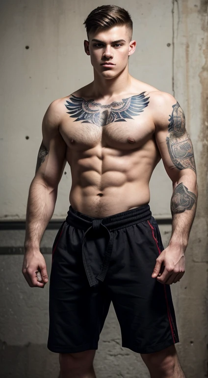 Young white man martial artist, 17 years old, military haircut, black hair, intense blue eyes, intense gaze, affiliated features, no facial hair, height 1.93, weight 93 kg, muscular build, broad shoulders, V-shaped body, vikings tattoos , full body focus, ...