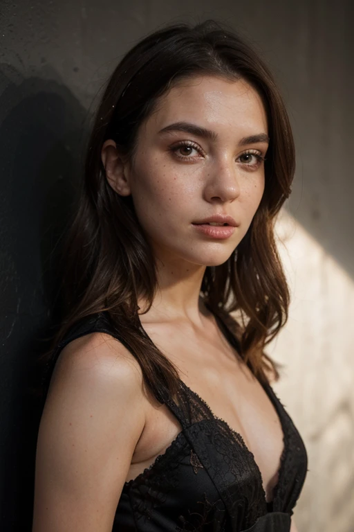 ((best quality)), ((masterpiece)), (detailed), perfect face realistic photo of beautiful woman with long dark brown hair, Russian, influencer, light freckles, dark brown eyes, big lips, no makeup, insagram, standing next to black wall, wearing red lace dre...