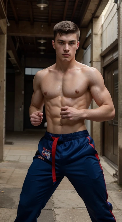 Young white man martial artist, 17 years old, military haircut, black hair, intense blue eyes, intense gaze, affiliated features, no facial hair, height 1.93, weight 93 kg, muscular build, broad shoulders, V-shaped body, Oriental tattoos , full body focus,...