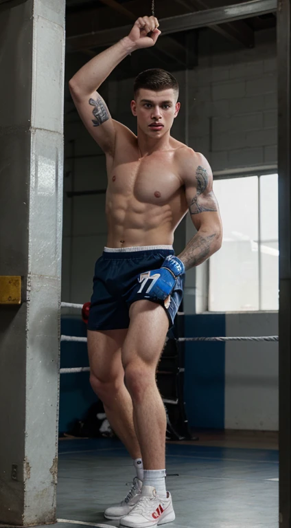 Young white man boxing , 17 years old, military haircut, black hair, intense blue eyes, intense gaze, affiliated features, no facial hair, height 1.93, weight 93 kg, muscular build, broad shoulders, V-shaped body, tattoos , full body focus, completely hair...