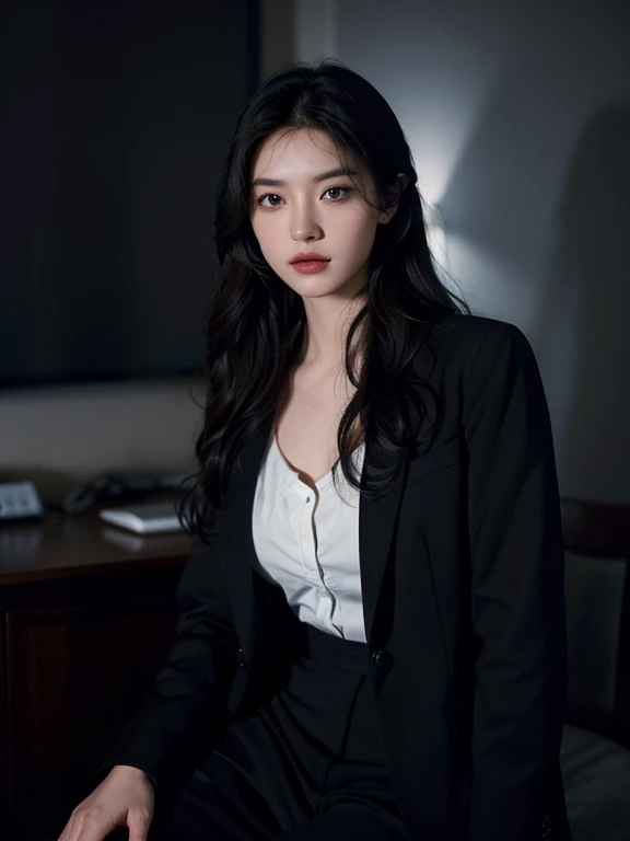 Wearing a suit、garl, 175 cm,Korean K-POP idols and models ,23 years old,Soft body, jet-black hair, Wavy Hair,Whole body, hair grows to waist, Whole body,((From head to foot)),close-up, 8K, Raw photo, Best Quality, masutepiece,Realistic, Photorealsitic,Cute...