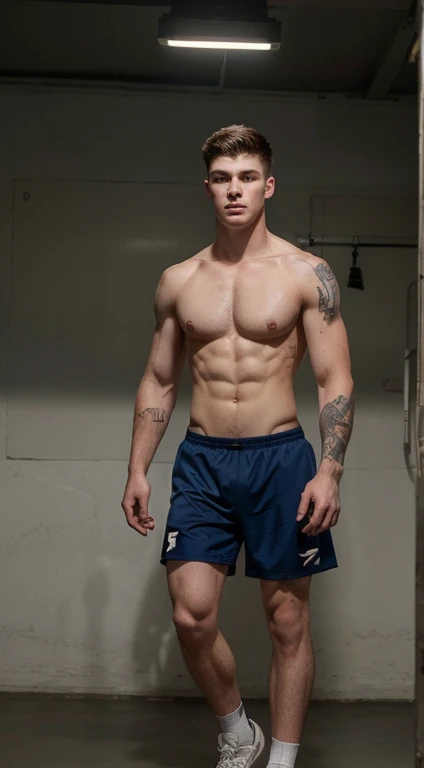 Young white man lacrosse player , 17 years old, military haircut, black hair, intense blue eyes, intense gaze, affiliated features, no facial hair, height 1.93, weight 93 kg, muscular and corpulentbuild, broad shoulders, V-shaped body, tattoos , full body ...