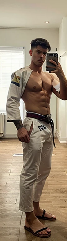 Young white man karate black belt, 17 years old, military haircut, black hair, intense blue eyes, intense gaze, affiliated features, no facial hair, height 1.93, weight 96 kg, muscular build, broad shoulders, V-shaped body, sleeves tattoos , full body focu...