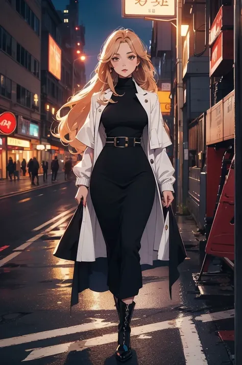 black dress, white turtleneck, black kneehigh high heeled boots,
strawberry blonde, straight long hair, glossy lips,
1girl, solo,
walking in street at night, masterpiece, high quality face, high quality girl, high quality clothes, detailed clothes, elegant...