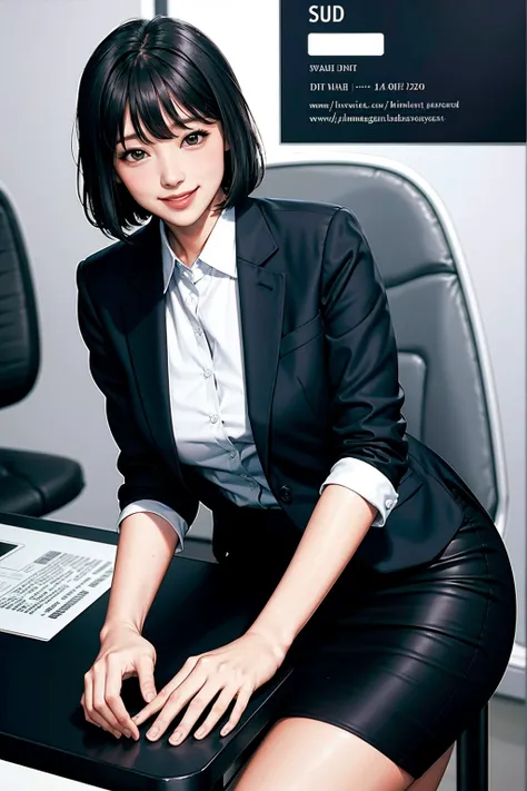 (modern office indoors), 1lady, solo, (black medium hair), bangs, (suit), jacket), (pencil_skirt), (black pantyhorse), ((id card)), blush kind smile, (masterpiece best quality:1.2), delicate illustrations, high resolution, super detail