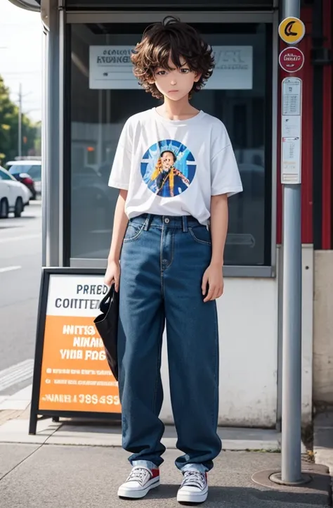 1boy, front view, from distance, curly hair, standing, eating icicle, looking up,bus stop in the background, holding a plastic bag, wearing large denim pants, wearing vans shoes, wearing oversize brown t-shirt, sunset light, movie still, emotional lighting...