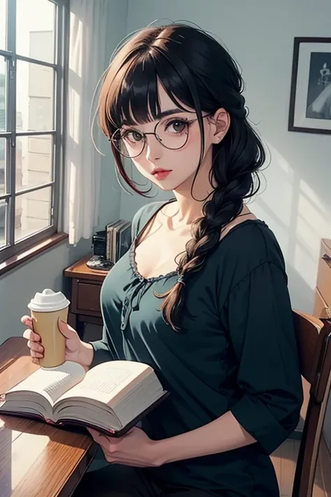 ((best quality)), ((master part)), (circunstanciado), rosto perfeito, garota de anime, loira, eyeglass, lendo livro, sipping coffee, braided low-cut blouse,