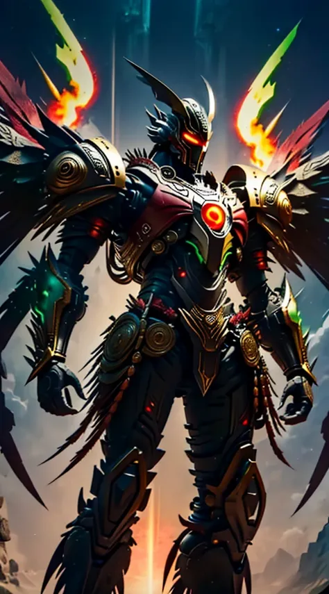 Armor, Man, Aztec Style, God Quetzalcoatl, that the armor has a design inspired by Quetzalcoatl, with a closed helmet, that the helmet is shaped like a snakes head, that the armor has green scales on the sides, that the part of the In front of the armor it...