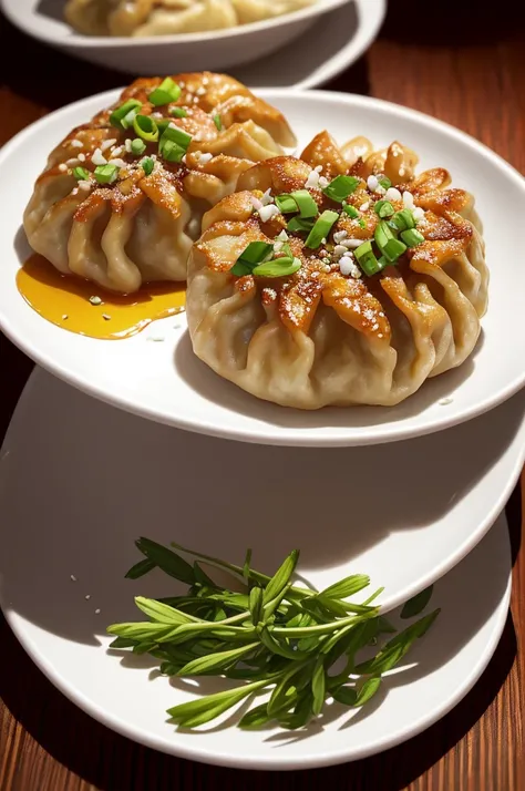 medium:digital painting,fine art,illustration,photorealistic,realistic,masterpiece:1.2,ultra-detailed,vivid colors,bokeh,portraits

A group of dumplings placed on a beautifully decorated dish, each dumpling perfectly shaped and cooked to perfection. The du...