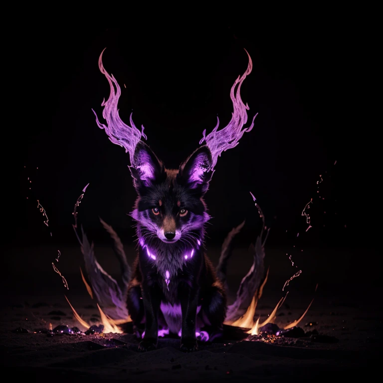 Black and purple fox, 9 tails, dark background, purple flames